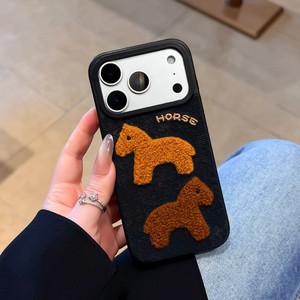 Cute cowboy leather embroider plush brown horse phone case stitchwork <b>back</b> cover for iPhone 11 pro max 12 13 14 15 16 17Air - Product Image 2