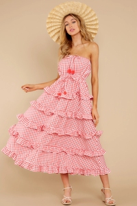 High Quality <strong>Red</strong> <strong>Gingham</strong> Plaid Long Maxi Elegant Women Casual Dress Summer Wear - Product Image 2