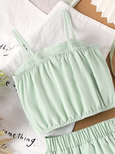 Completo estivo transfrontaliero da <span class=keywords><strong>bambina</strong></span>: top a canotta verde con fiore 3D + pantaloncini a pieghe, set due pezzi dolce - Product Image 4