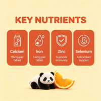 Comprimés à croquer de calcium, fer et zinc à saveur d'orange, marque privée OEM, complément minéral pour soutenir la santé osseuse des adolescents et des adultes