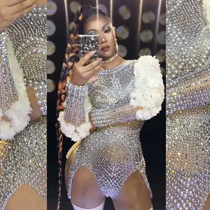 लक्जरी मोती Rhinestones के फूल आस्तीन Bodysuit महिलाओं सेक्सी गायक प्रदर्शन चरण जाज नृत्य पोशाक जन्मदिन की पार्टी क्लब पहनने