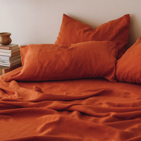 Ensemble de literie en lin français lavé à la pierre orange, haute qualité, vente en gros, ensemble de housse de couette en lin pur