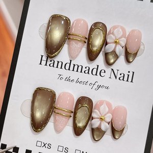 Faux ongles à presser faits main, style artisanal lourd, marron French Cat Eye, sculptés en 3D, réutilisables pour mariage, fête, salon de manucure - Product Image 3