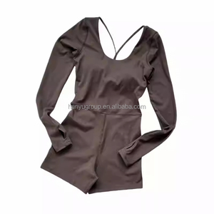 Mono corto liso de manga larga con cuello en U para mujer al por mayor, mono de verano para yoga, ropa estética - Product Image 4