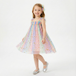 Vestito da Festa per Bambine Estivo Traspirante Ecologico con Paillettes Arcobaleno Sfumato Stampa Stelle in Tulle Stile A-Line ODM da Fata <span class=keywords><strong>Principessa</strong></span> - Product Image 1