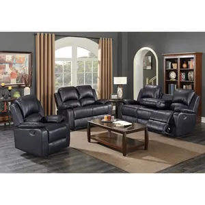 Frank Furniture Black Leather High End Luxury Recliner Sectional Sofa 5 Seater Leather Reclining Sofa Set