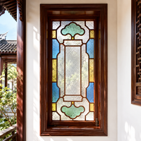 Ventanas y Puertas de Vidrio Artístico Grabado de Madera Maciza de Estilo Chino Vintage, Estilo Lingnan Cantonés, con Ventana Manchu y Diseño de Manzano Colorido, Personalizadas
