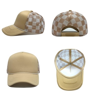 Custom Logo Retro Checkered Mesh Back Trucker Hat with Rope 5 Panel Blank Foam Snapback Baseball <b>Cap</b> for Men <b>Women</b> - Product Image 2