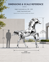 Sculpture abstraite de cheval géométrique moderne, circulaire et élégante en acier inoxydable poli, idéale pour les espaces publics