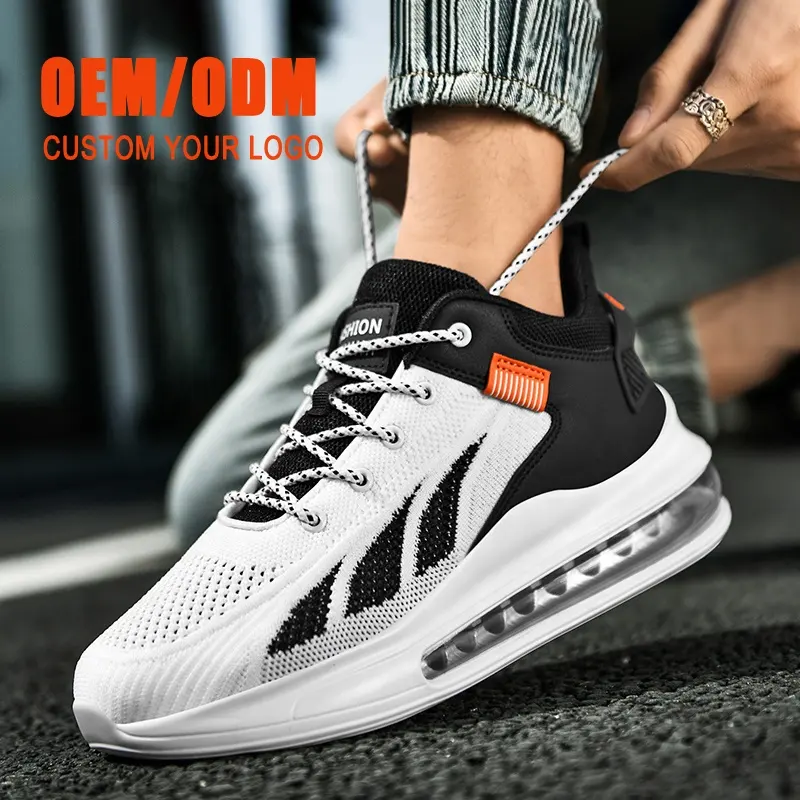 Custom Logo Woven Air Cushioning Lightweight Sports Footwear White Black Sneakers Running Shoes For Men