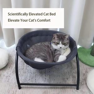 Elevated Cat Bed Round Mesh <b>Hammock</b> With Metal Stand Indoor Outdoor Use Black Cooling Breathable For Small To Medium Cats - Product Image 6