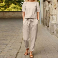 Ensemble d'été vintage en satin pour femmes européennes et américaines chemisier surdimensionné à demi-manches et à col en O avec robe décontractée en lin et coton à jambes larges