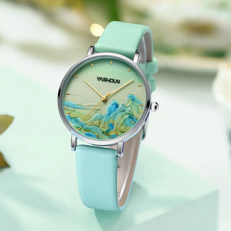 2021 new style fashion landscape painting chinese national wind watch trend small round dial ladies watch waterproof leather fem