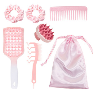 Wanmei Scalp <b>Massage</b> Hair Brush Pink <b>Set</b> With Combs And Scrunchies For Hair Care - Product Image 1