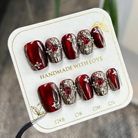 Faux ongles vintage de luxe léger, effet œil de chat, différentes tailles, rouge, portables, avec diamants scintillants