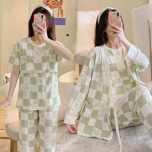 Conjunto de Pijamas de Maternidad de 3 Piezas, Camiseta de Lactancia de Manga Corta + Cárdigan de Manga Larga + Pantalones Largos, Pijamas Postparto para Mujer OEM - Product Image 4