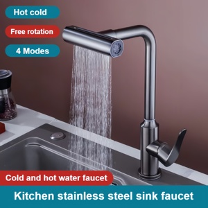 Grifo de Cocina Monomando de Acero Inoxidable Color Gris Metálico con Rociador de 4 Modos (Lluvia y Cascada) para Uso en Hoteles, Agua Fría y Caliente - Product Image 2