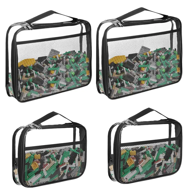 Caixa de armazenamento transparente com zíper Lego, organizadores de brinquedos e sacos de armazenamento, 2 tamanhos, pacote com 4