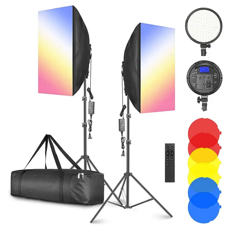 2 Pack LED Softbox Lighting Kit with Color Filter Softbox 3200~5600K 48W Dimmable LED Light Head for Photo Studio Video HOT