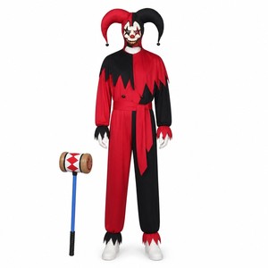 Conjunto de Disfraz de Bufón Malvado con Capucha de Dos Puntas, Máscara Blanca, Túnica Roja y Negra, Pantalones y Accesorios de Halloween, Incluye Mazo - Product Image 1