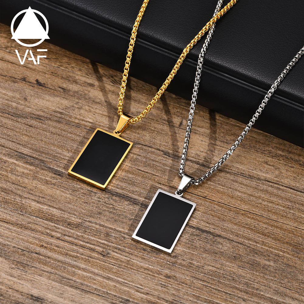 VAF 60CM Stainless Steel Epoxy Enamel Rectangle Pendant Necklace Steel  Color Geometric Shape Pendant Necklace for Men