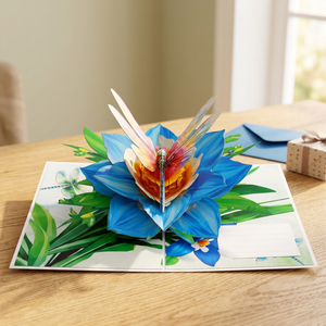 Carte 3D de fleur de narcisse bleue de haute qualité, artisanat en papier fait main, design découpé au laser personnalisé, cadeau de décoration pour la maison, mariage, amour - Product Image 4