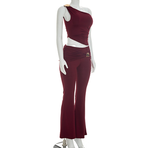 Viviblook D26ST215 Women Casual <b>Set</b> Metal Single Shoulder <b>Sexy</b> Sleeveless Asymmetrical Vest Top Flared Pants Two Piece <b>Set</b> - Product Image 2