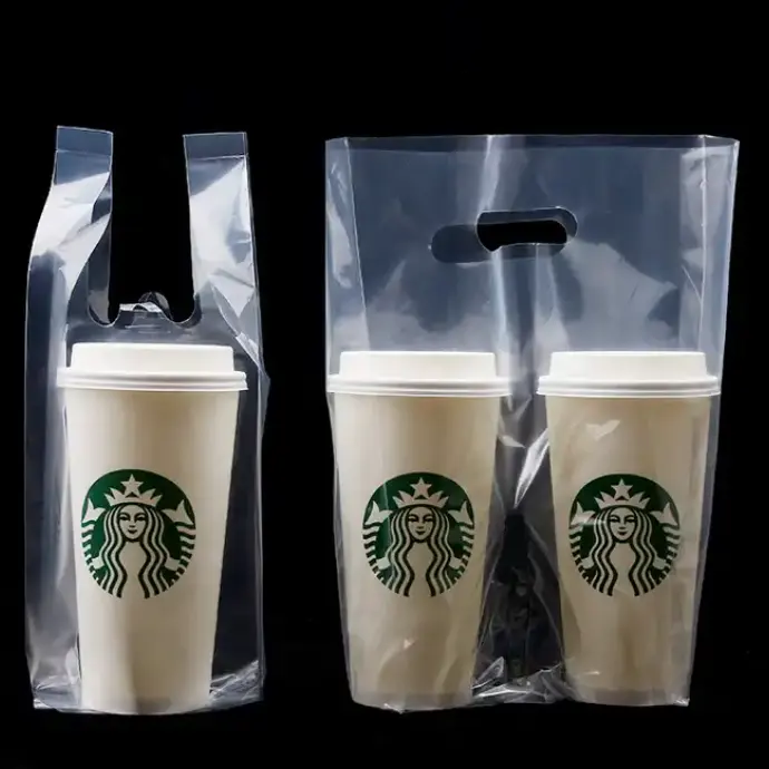 Изготовленный на заказ логотип, напиток, пузырьковый чай, чтобы пойти, упаковка, полиэтиленовый пакет для двух чашек