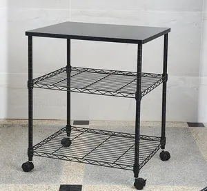 3 Layers Sturdy Multi-Purpose Wire Shelf Rack With MDF Top Storage Cart