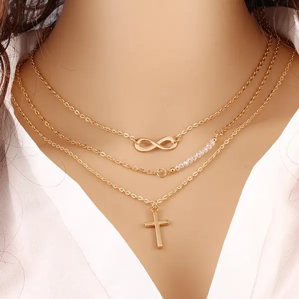 Conjunto de collar cruzado de diseño famoso para mujer, joyería de múltiples capas, collar infinito de cuentas doradas