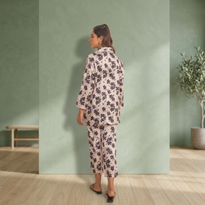 Ensemble de pyjama en coton à imprimé floral, col rabattu, manches trois quarts, coupe ample, respirant, tissé, tenue décontractée pour femmes - Product Image 5