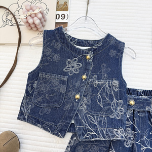 Nuevo Conjunto Vaquero <span class=keywords><strong>para</strong></span> <span class=keywords><strong>Niñas</strong></span> - Falda Vaquera con Estampado Retro Coreano, Chaleco sin Mangas y Pantalones Cortos, Conjunto Ligero de Dos Piezas - Product Image 4