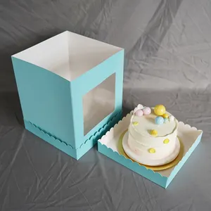Offre Spéciale en stock Boîte à gâteau en plastique transparent pour anniversaire Boîte à gâteau bleu clair avec fenêtre festonnée