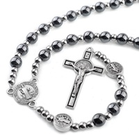 Collier de prière catholique Saint-Benoît en hématite et acier inoxydable pour hommes et femmes