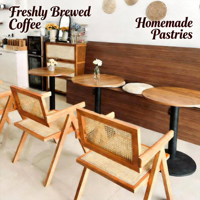 Ensemble table à manger en bois brun rétro et chaises rembourrées - Design pliable moderne et minimaliste pour cafés commerciaux et salons de thé