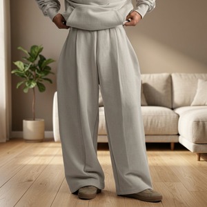 Pantalones Deportivos Y33 de Diseño, Cintura Alta, 520GSM, Tejido Orgánico, Ecológicos, Holgados, Oversize, Color Taupe Ahumado, Pierna Ancha, Plisados y Arrugados - Product Image 3