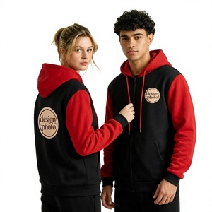Sudadera con capucha unisex roja y negra con mangas raglán, cierre de cremallera, forro polar, bolsillo frontal con logo, estilo casual para otoño, hecha en Bangladesh. - Product Image 1
