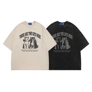 เสื้อยืดแขนสั้นสำหรับผู้ชายเสื้อยืดสตรีทแวร์ทรงหลวมลายการ์ตูนแมวซักแล้ว - Product Image 1