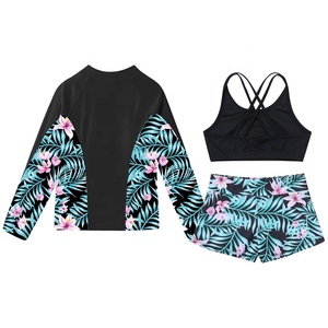 6-16 3pcs Kids Girls Printed <b>Swimsuit</b> Set Tops <b>Rash</b> <b>Guard</b> With Crop Top And Shorts Set For Bathing Pool Beach Surfing Water Park - Product Image 4
