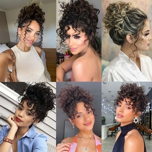 Große lockige synthetische Haar teile Schwarze Frauen Kurze lockige Hochs teck frisur Kordel zug Chignon Gummiband <span class=keywords><strong>Messy</strong></span> Hair <span class=keywords><strong>Bun</strong></span> Scrunch ies - Product Image 6