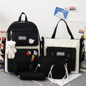 Summer Large Unisex Waterproof Backpack Fresh Trendy Color Block External <b>Frame</b> Panelled <b>Canvas</b> Five Piece Set - Product Image 3