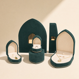 Zebopak Emerald Green Velvet <b>Dome</b> Arch Jewelry Box Set with <b>Ring</b> Necklace Pendant Gold Trim Storage Case Supplier - Product Image 1
