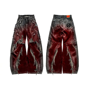 <span class=keywords><strong>Jeans</strong></span> da Uomo DiZNEW di Alta Qualità Personalizzati Pesanti con Tintura Sfumata da Rosso a Nero Multi-Tasca Gamba Larga - Product Image 1