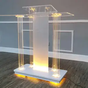 Deluxe LED Lighted Church Pulpit Floor Standing Lectern Acrylic Podium With Casters Wheels For Hotel Conference Debate