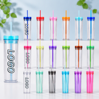 Nouvelle bouteille en plastique réutilisable personnalisée avec logo, 16 oz, double paroi, transparente, avec couvercle pré-percé, paille en PP, gobelet mince