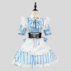 Japanese Akihabara Sweet Striped Maid Outfit Lolita Cosplay Costume Light Blue Plus Size Spring 2023 - Product Image 2