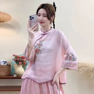 Traditional Chinese Embroidered Stand Collar Top Women Cotton Linen Summer Ethnic Style Three Quarter Sleeve Purple - Product Image 3