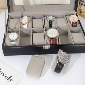 Boîte de présentation de montre en cuir PU rétro à 12 fentes avec grande fenêtre mallette de rangement grise pour montres - Product Image 2