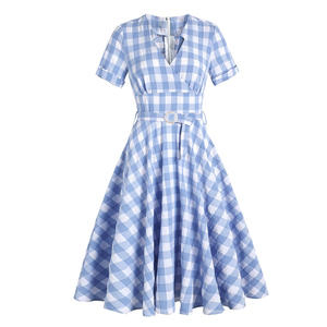 <span class=keywords><strong>Hepburn</strong></span> rétro à manches courtes grande balançoire <span class=keywords><strong>robe</strong></span> d'été 50s 60s britannique Vintage femmes bleu robes à carreaux <span class=keywords><strong>Robe</strong></span> Femme - Product Image 1