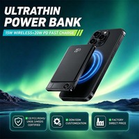 Banque d'alimentation sans fil magnétique ultra-mince en alliage d'aluminium 8 mm, 5000 mAh, charge rapide sans fil 15 W, charge rapide PD 20 W, OEM/ODM, logo personnalisé, B2B